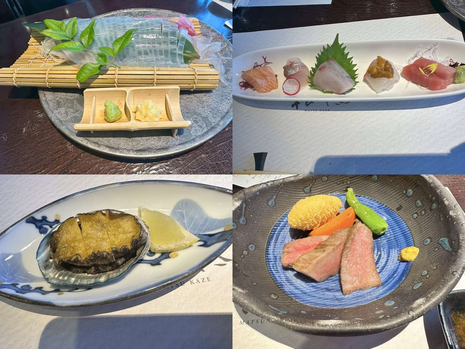 イカの造り・お刺身5種盛り・あわびの焼き物・佐賀牛の焼き物